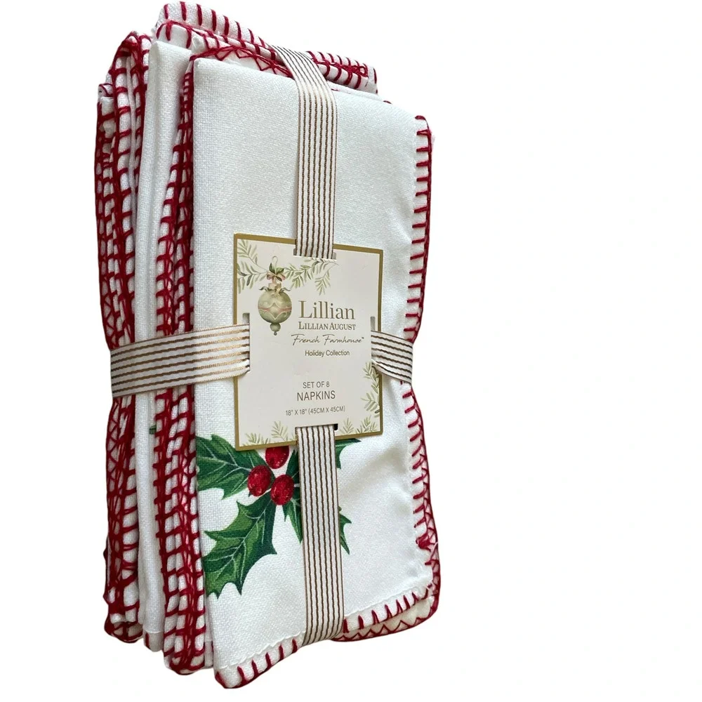 Lillian August Holly Berry Christmas Dinner Napkins Set of 8 Embroidered 18x18